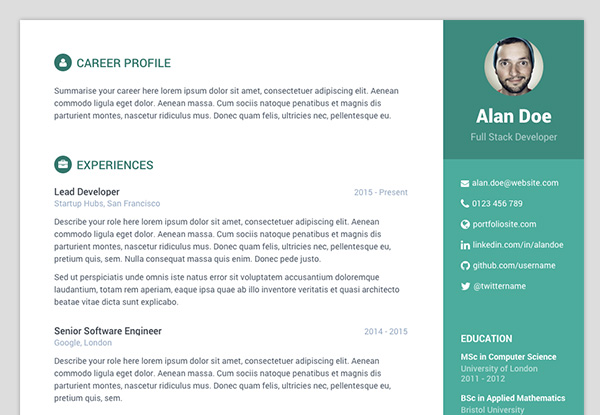 Bootstrap Resume Template Free Bootstrap resume/cv template for developers - colour 2