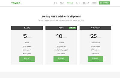 HTML5 template for startups - Tempo - Pricing page