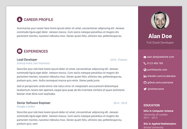 free resume cv bootstrap template for developer color 4