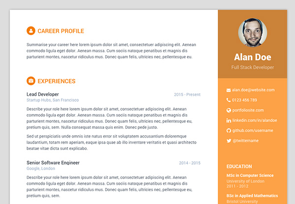 Free Bootstrap resume/cv template for developers - Color 5