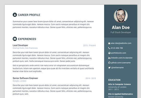 Free Bootstrap resume/cv template for developers - Color 6