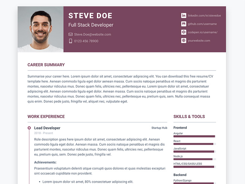 Pillar - Free Bootstrap resume/cv template for developers - Color 6
