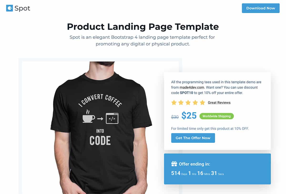 Spot - Free Product Landing Page Template For Developers